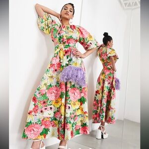 ASOS Edition puff sleeve midi dress with cut outback in pink floral 6